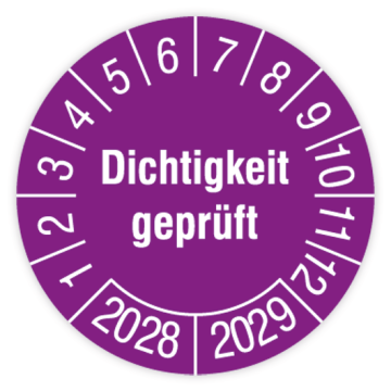 Prüfplakette, Dichtigkeit geprüft, 2028 - 2029, verschiedene Ausführungen