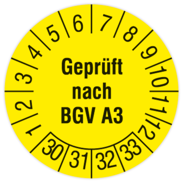 Prüfplakette, Geprüft nach BGV A3, 2030 - 2033, auf Rolle, in verschiedenen Ausführungen