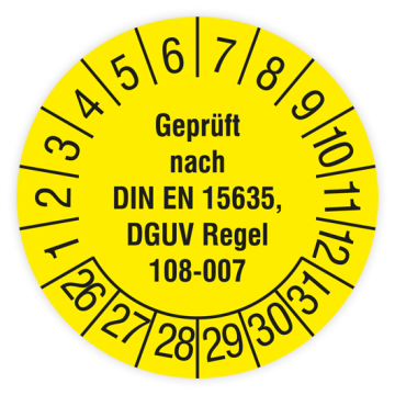 Prüfplakette, Geprüft nach DIN EN 15635, DGUV Regel 108-007, 2026, verschiedene Ausführungen