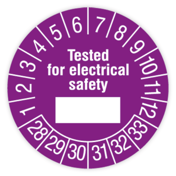 Prüfplakette, Tested for electrical safety, 2028 - 2033, verschiedene Ausführungen