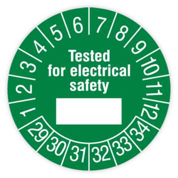 Prüfplakette, Tested for electrical safety, 2029 - 2034, in verschiedenen Ausführungen