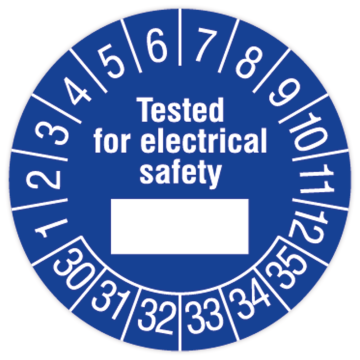 Prüfplakette, Tested for electrical safety, 2030 - 2035, in verschiedenen Ausführungen