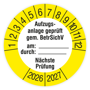 Prüfplakette, Aufzugsanlage geprüft gem. BetrSichV, 2026, verschiedene Ausführungen
