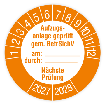 Prüfplakette, Aufzugsanlage geprüft gem. BetrSichV, 2027, verschiedene Ausführungen