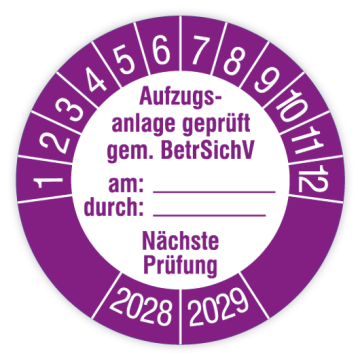 Prüfplakette, Aufzugsanlage geprüft gem. BetrSichV, 2028, verschiedene Ausführungen
