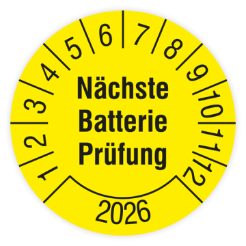 Prüfplakette, Nächste Batterie Prüfung, Jahr 2026, verschiedene Ausführungen