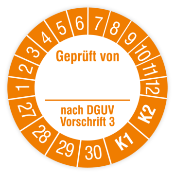 Prüfplakette, Geprüft von… nach DGUV Vorschrift 3, K1/K2, 2027, verschiedene Ausführungen