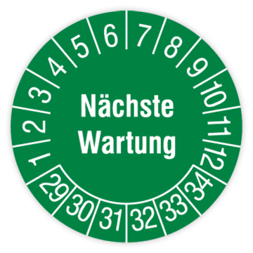 Prüfplakette, Nächste Wartung, 2029 - 2034, in verschiedenen Ausführungen