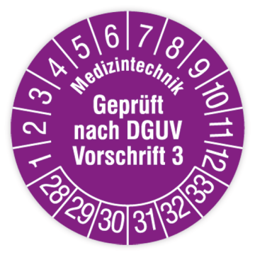 Prüfplakette, Medizintechnik Geprüft nach DGUV Vorschrift 3, 2028 - 2033, verschied. Ausführungen