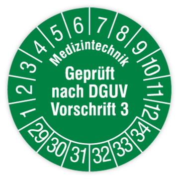 Prüfplakette, Med-Technik Gepr. n. DGUV Vorschrift 3, 2029, Dok. mit Oberfläch.schutz, Ø 30 mm