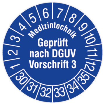 Prüfplakette, Med-Technik Gepr. n. DGUV Vorschrift 3, 2030, Dok.folie mit Oberflächenschutz, Ø 30 mm
