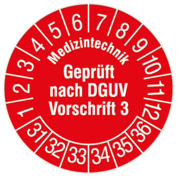 Prüfplakette, Med-Technik Gepr. n. DGUV V3, 2031, Dokumentenfolie mit Oberflächenschutz, Ø 30 mm