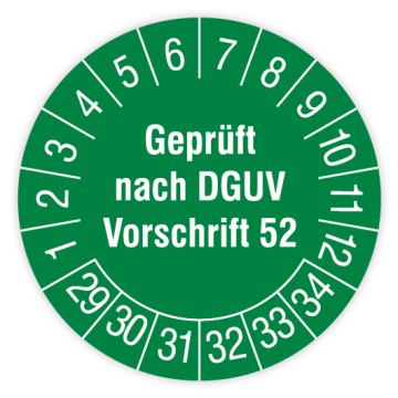 Prüfplakette Krane, Geprüft nach DGUV Vorschrift 52, 2029 - 2034, in verschiedenen Ausführungen