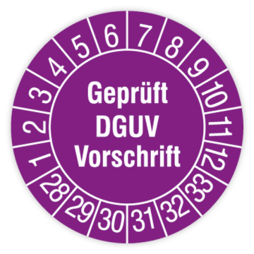 Prüfplakette, Geprüft DGUV Vorschrift, 2028 - 2033, verschiedene Ausführungen