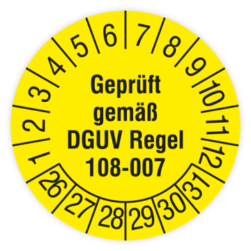 Prüfplakette Lager, Geprüft gemäß DGUV Regel 108-007, 2026, verschiedene Ausführungen