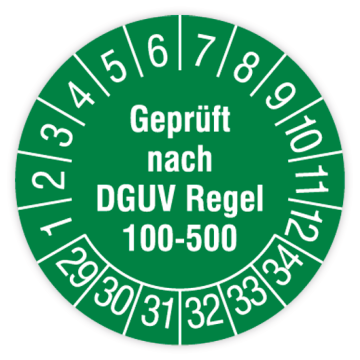 Prüfplakette Arbeitsmittel, Geprüft na. DGUV Regel 100-500, 2029 - 2034, verschiedene Ausführungen