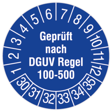 Prüfplakette Arbeitsmittel, Geprüft na. DGUV Regel 100-500, 2030 - 2035, verschiedene Ausführungen