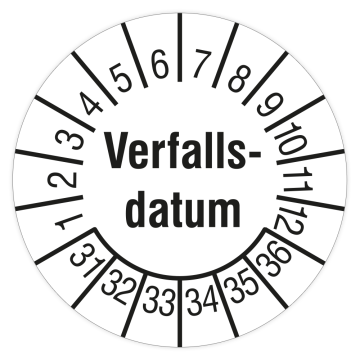 Prüfplakette, Verfallsdatum, 2031 - 2036, Dokumentenfolie, Ø 15 mm