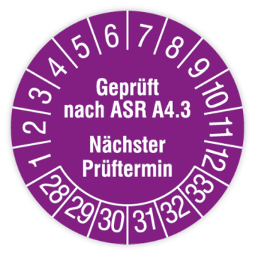 Prüfplakette Erste Hilfe Ausrüstung, Geprüft nach ASR A4.3, 2028 - 2033, verschiedene Ausführungen