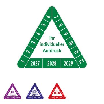 Prüfplaketten individuell im Spenderheft, SL 50 mm dreieckig, 72/Heft, in verschied. Ausführungen