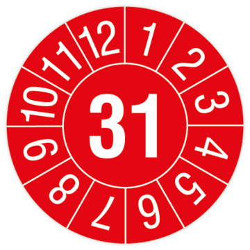 Prüfplakette, Jahr mit Monaten, 2031, Dok.folie mit Oberflächenschutz,  Ø 15 oder 30 mm