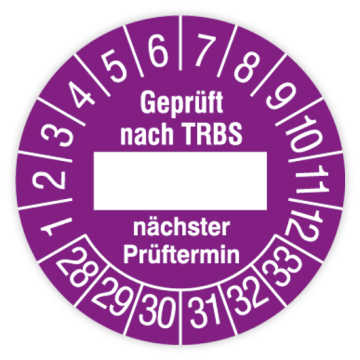 Prüfplakette, Geprüft nach TRBS - nächster Prüftermin, 2028 - 2033, verschiedene Ausführungen