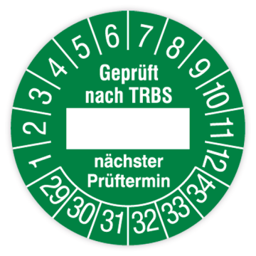 Prüfplakette, Geprüft nach TRBS - nächster Prüftermin, 2029, in verschiedenen Ausführungen