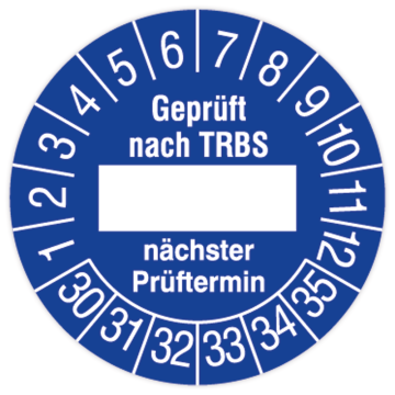 Prüfplakette, Geprüft nach TRBS - nächster Prüftermin, 2030, in verschiedenen Ausführungen
