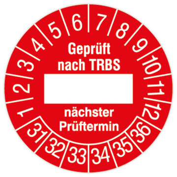 Prüfplakette, Geprüft nach TRBS - nächster Prüftermin, 2031, Standardfolie, Ø 30 mm