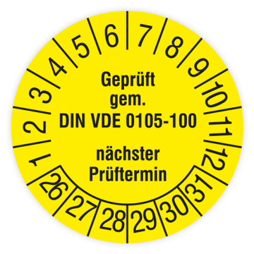 Prüfplakette, Geprüft gem. DIN VDE 0105-100, n.  Prüftermin, 2026, verschiedene Ausführungen