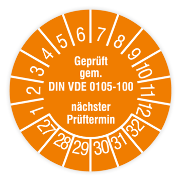 Prüfplakette, Geprüft gem. DIN VDE 0105-100, n.  Prüftermin, 2027, verschiedene Ausführungen
