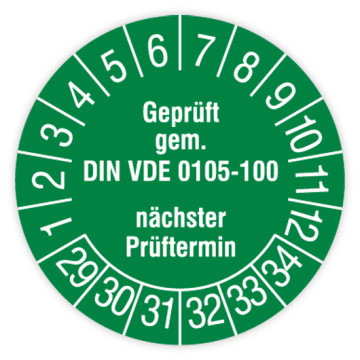 Prüfplakette, Geprüft gem. DIN VDE 0105-100, nächster Prüftermin, 2029, verschied. Ausführungen