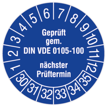 Prüfplakette, Geprüft gem. DIN VDE 0105-100, nächster Prüftermin, 2030, verschied. Ausführungen