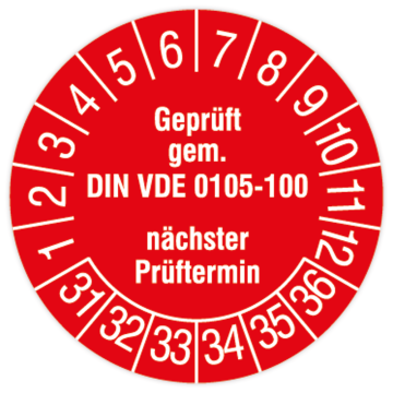 Prüfplakette, Geprüft gem. DIN VDE 0105-100, 2031, Standard- /Dokumentenfolie, Ø 15 oder 30 mm