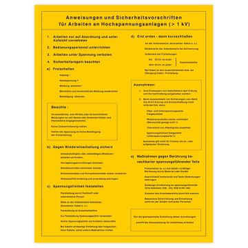 Sicherheitsaushang, Anw. Sicherheitsvorschr. f. Arb. A. Hochspannungsanl., PST gelb , 300 x 400 mm