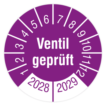 Prüfplakette, Ventil geprüft, 2028 - 2029, verschiedene Ausführungen
