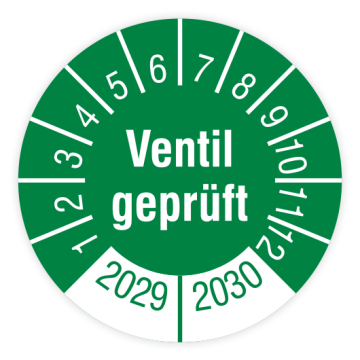 Prüfplakette, Ventil geprüft, 2029 - 2030, in verschiedenen Ausführungen