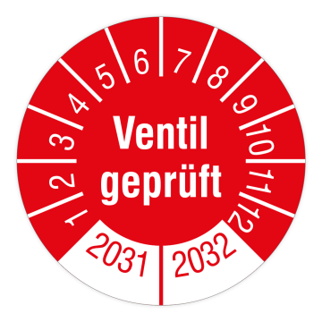 Prüfplakette, Ventil geprüft, 2031 - 2032, Dokumentenfolie, Ø 15 mm