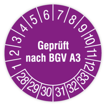 Prüfplakette, Geprüft nach BGV A3, 2028 - 2033, verschiedene Ausführungen