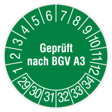 Prüfplakette, Geprüft nach BGV A3, 2029 - 2034, in verschiedenen Ausführungen