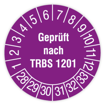 Prüfplakette, Geprüft nach TRBS 1201, 2028 - 2033, verschiedene Ausführungen