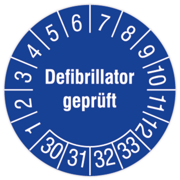 Prüfplakette, Defibrillator geprüft, 2030 - 2033, Dok.folie m. Oberflächenschutz, vers. Ausführungen