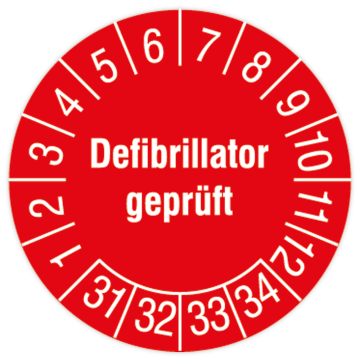 Prüfplakette, Defibrillator geprüft, 2031 - 2034, Dok.folie mit Oberflächenschutz, Ø 30 mm