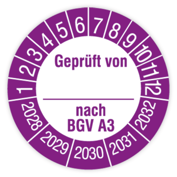 Prüfplakette, Geprüft von … nach BGV A3, 2028 - 2032, verschiedene Ausführungen