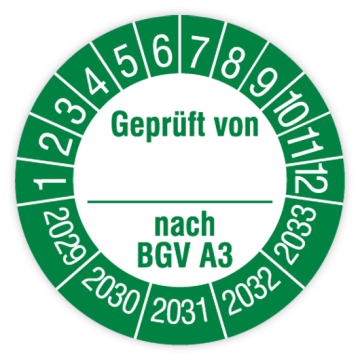 Prüfplakette, Geprüft von… nach BGV A3, 2029 - 2033, in verschiedenen Ausführungen