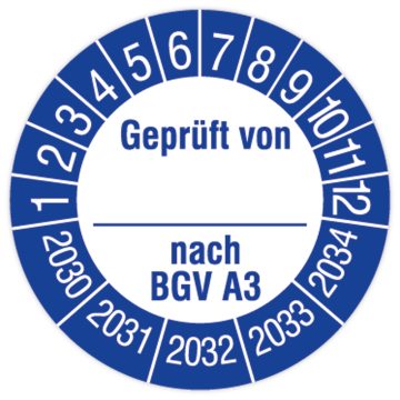 Prüfplakette, Geprüft von… nach BGV A3, 2030 - 2034, in verschiedenen Ausführungen