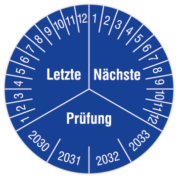 Prüfplakette, Letzte / Nächste Prüfung, 2030 - 2033, in verschiedenen Ausführungen