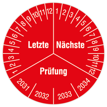 Prüfplakette, Letzte / Nächste Prüfung, 2031 - Standard- /Dokumentenfolie, Ø 40 mm