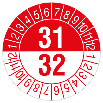 Prüfplakette, 2 Jahre mit Monaten, 2031 - 2032, Standardfolie, Ø 15 oder 30 mm