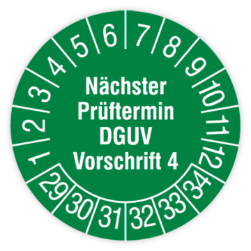 Prüfplakette, Nächster Prüftermin- DGUV Vorschrift 4, 2029 - 2034, in verschiedenen Ausführungen